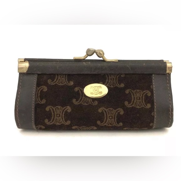 CELINE Macadam Suede Leather Coin Purse Wallet Vintage Triomphe Carriage - Picture 2 of 14